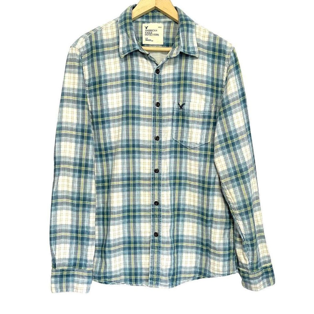 American Eagle Shirt Mens L Blue Plaid Flannel Long Sleeve Button Down Cotton